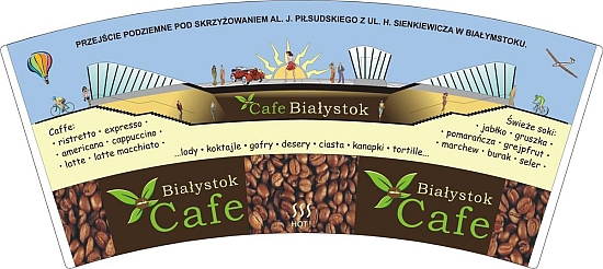 Kubek z Cafe Białystok promujący przejście podziemne