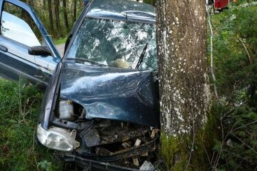 Ford uderzył w drzewo. Kierowca z obrażeniami głowy trafił do szpitala