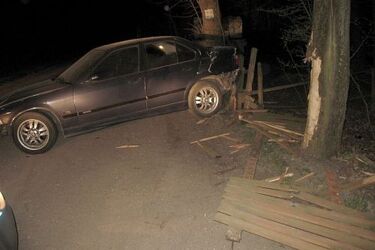 Pijany kierowca uciekał przed policją. Ściął znak i wylądował na drzewie
