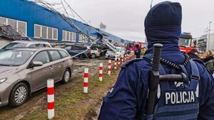 Zawaliła się konstrukcja przy ul. Produkcyjnej. Uszkodzonych jest wiele aut