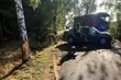 Samochód osobowy uderzył w drzewo.  Droga jest nieprzejezdna