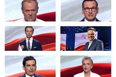 Debata TVP. Bosak i Hołownia zgodnie o przedsiębiorcach. Tusk i Morawiecki jak Flip i Flap