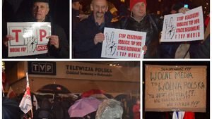"Tusk do Berlina!", "Wolne media!". Protest przed siedzibą TVP3 Białystok [WIDEO, FOTO]