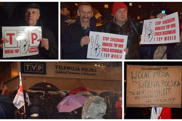 "Tusk do Berlina!", "Wolne media!". Protest przed siedzibą TVP3 Białystok [WIDEO, FOTO]
