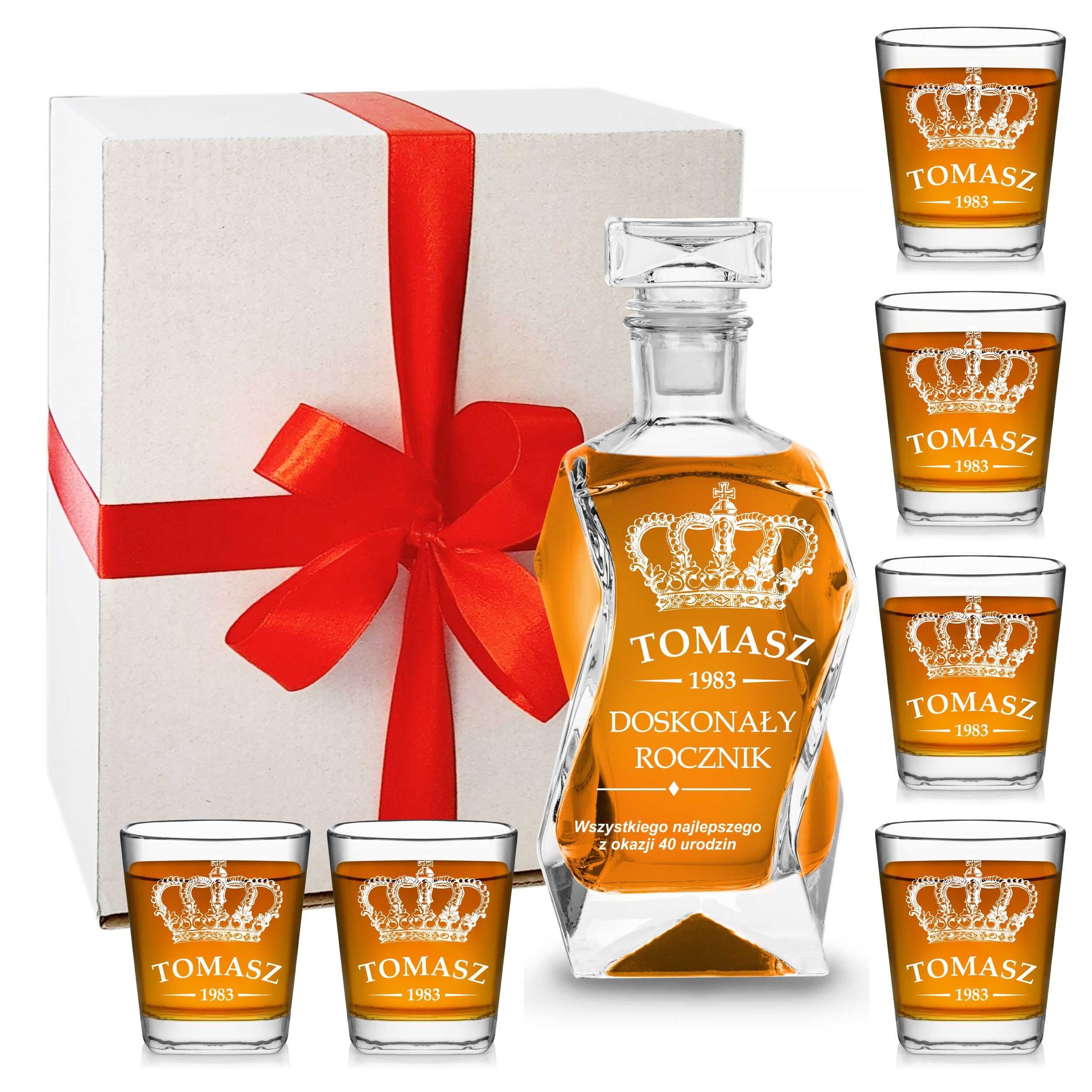 Zestawy prezentowe z grawerem, karafka i szklanki do whisky, kieliszki z grawere
