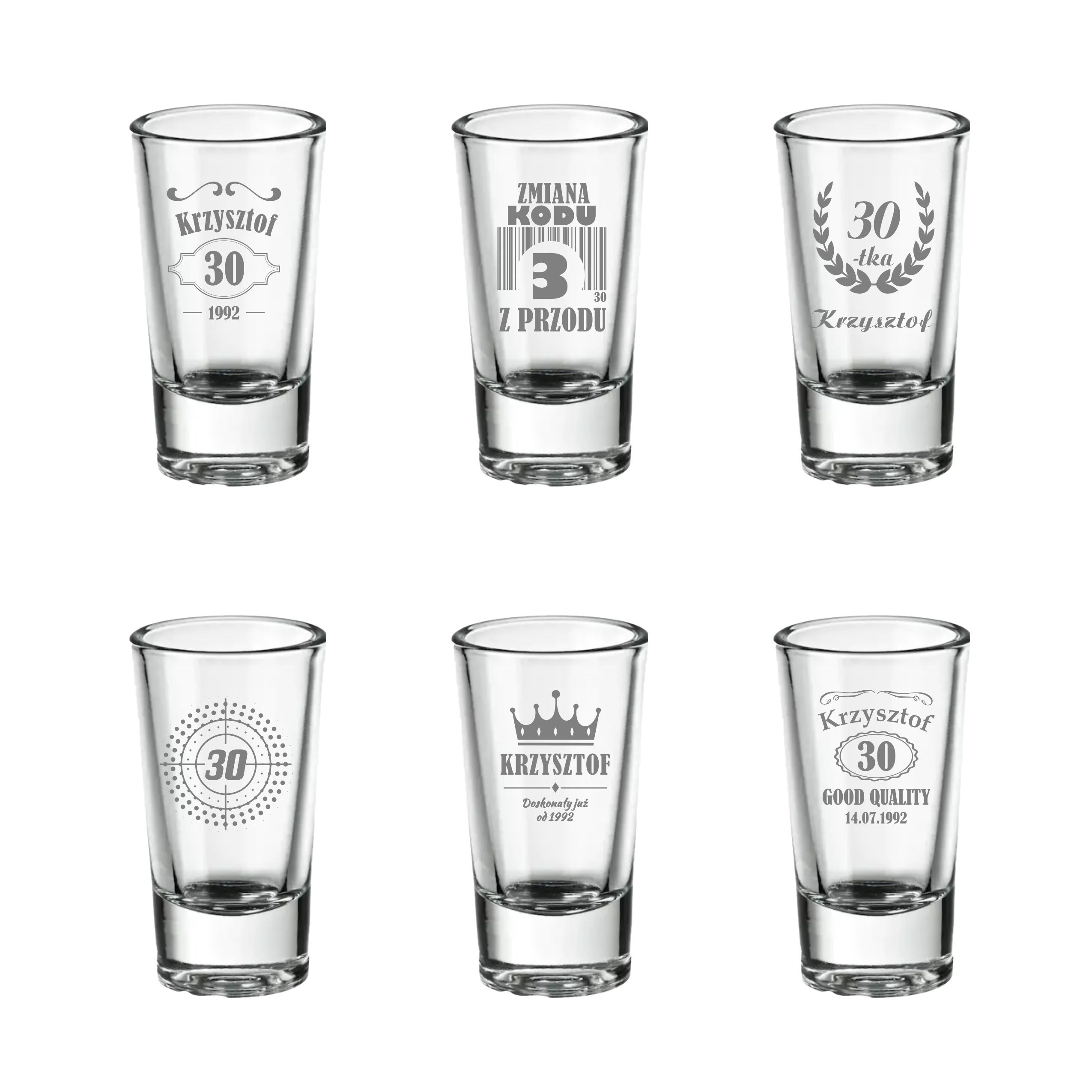 Kieliszki do wódki z grawerem na prezent, różne rodzaje