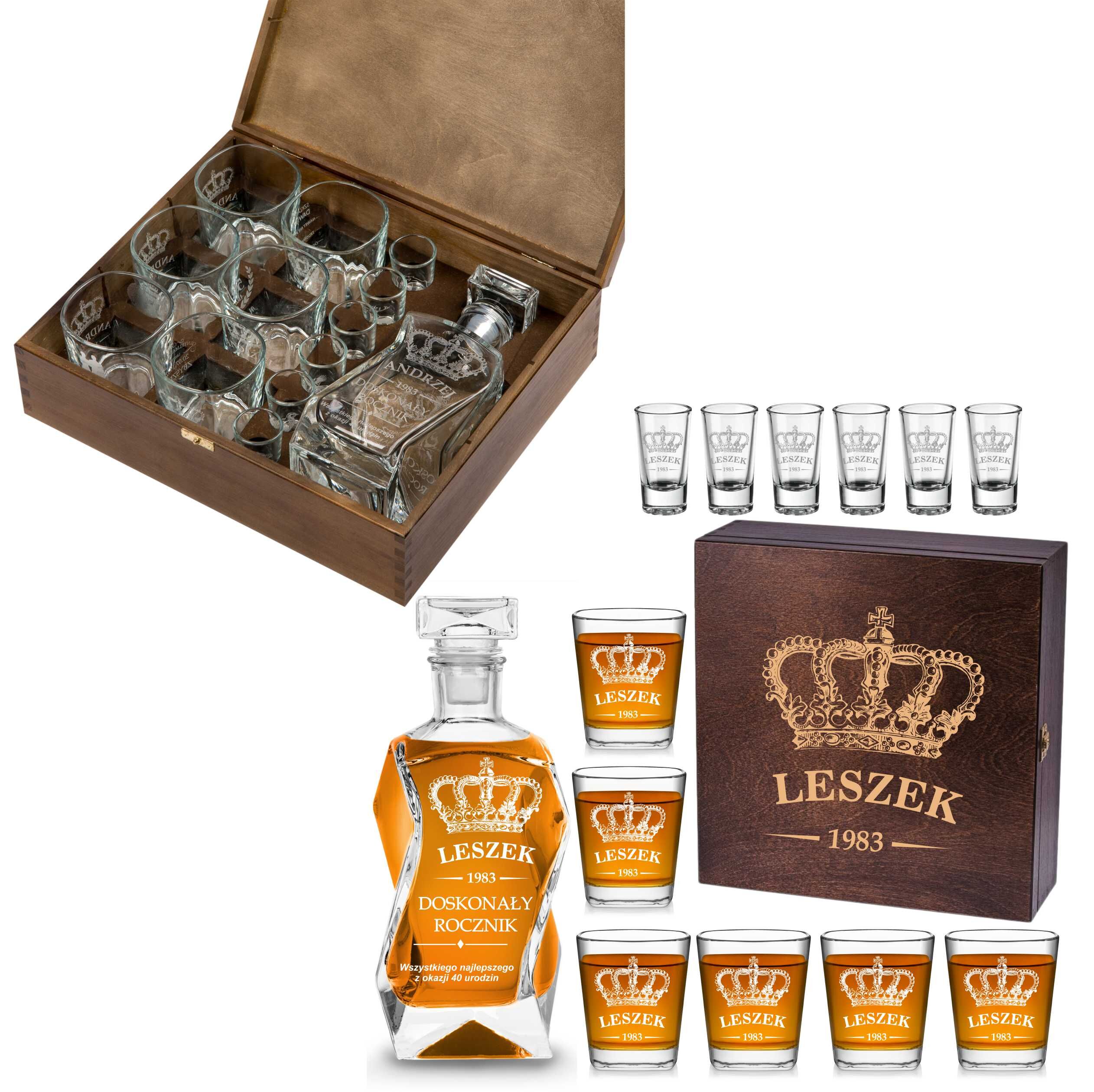 Zestawy prezentowe z grawerem, karafka i szklanki do whisky, kieliszki z grawere