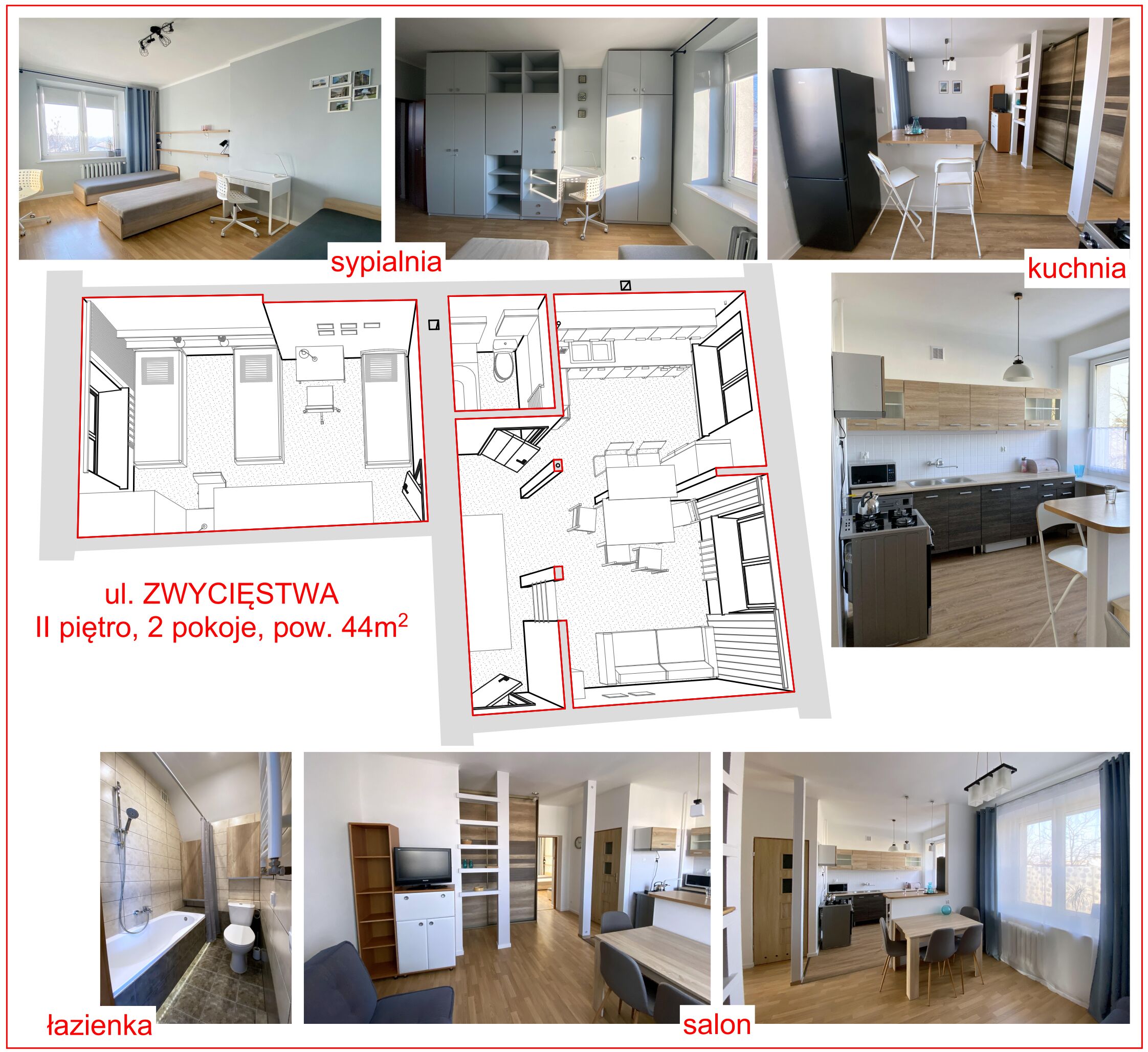 Bezpośrednio: 2-pok. 44 m², 2.p., teren ogrodzony