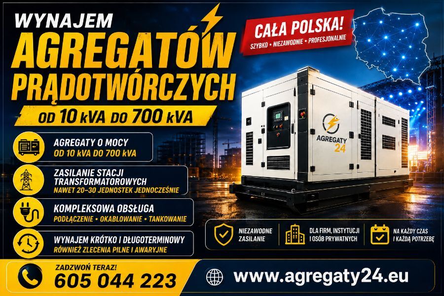 AGREGATY PRĄDOTWÓRCZE DO 700 kVA  - WYNAJEM - USŁU