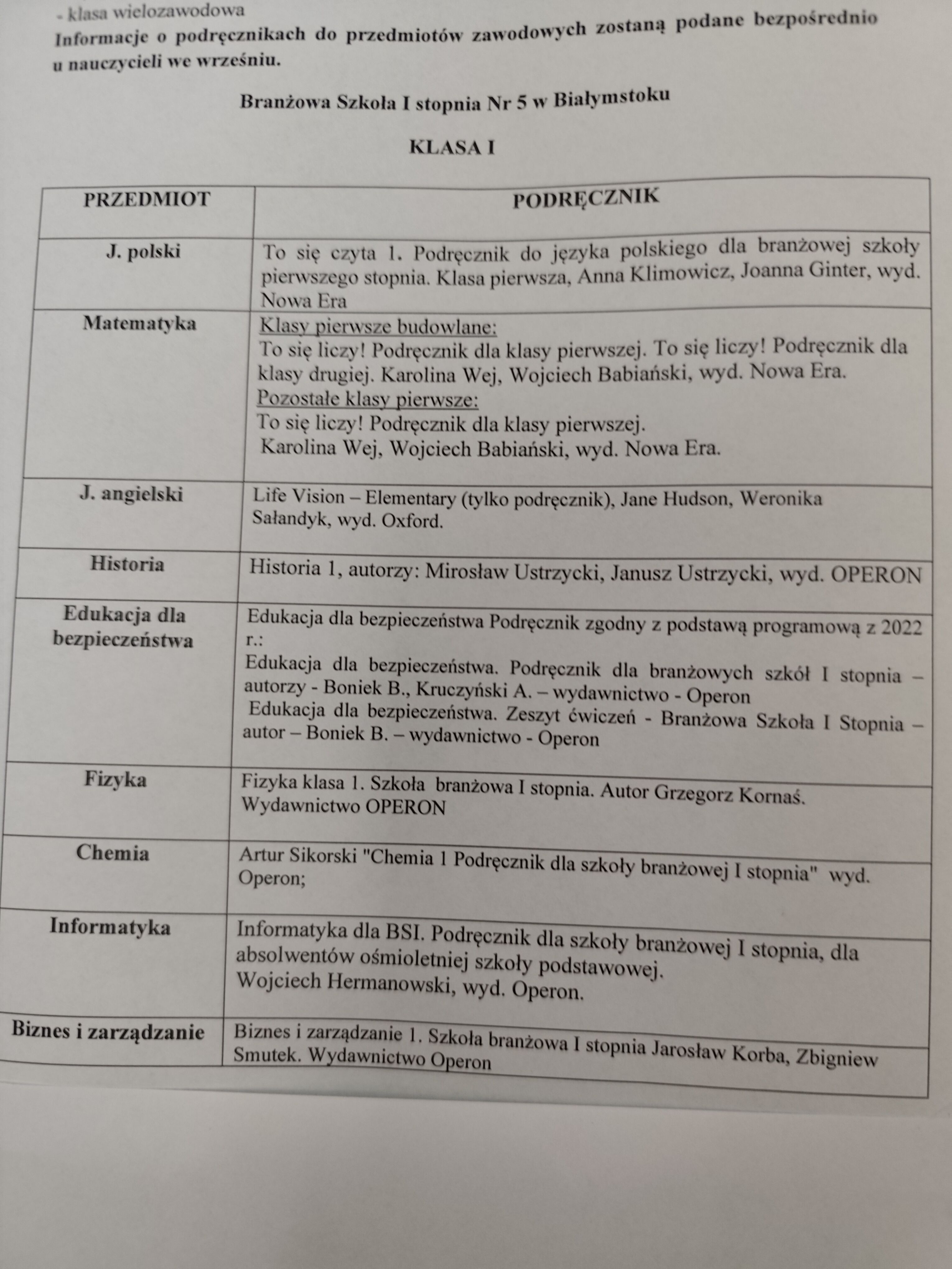 Odkupie książki do 1 klasy wielozawodowej ZSZ nr ł