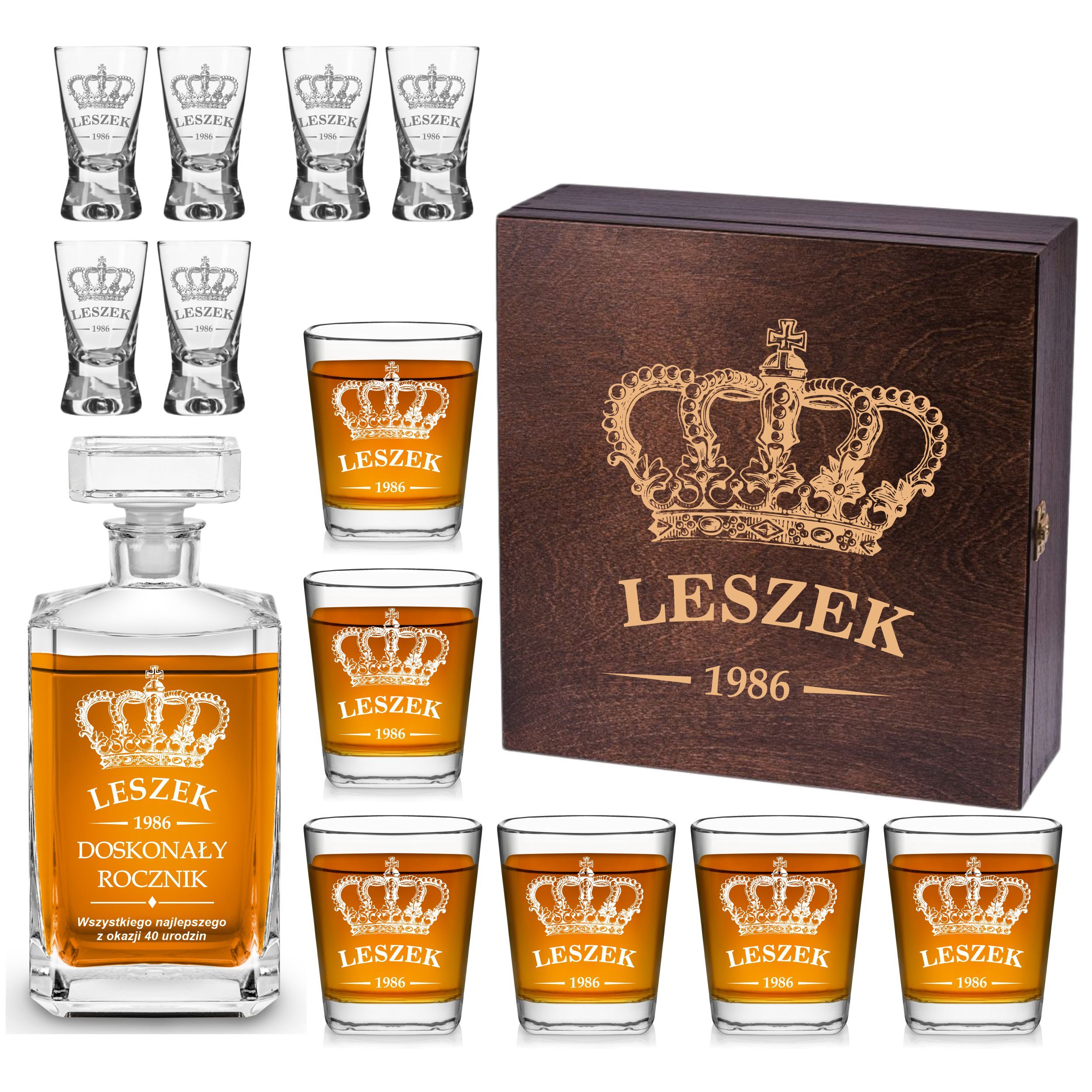Zestawy prezentowe z grawerem, karafka i szklanki do whisky, kieliszki z grawere