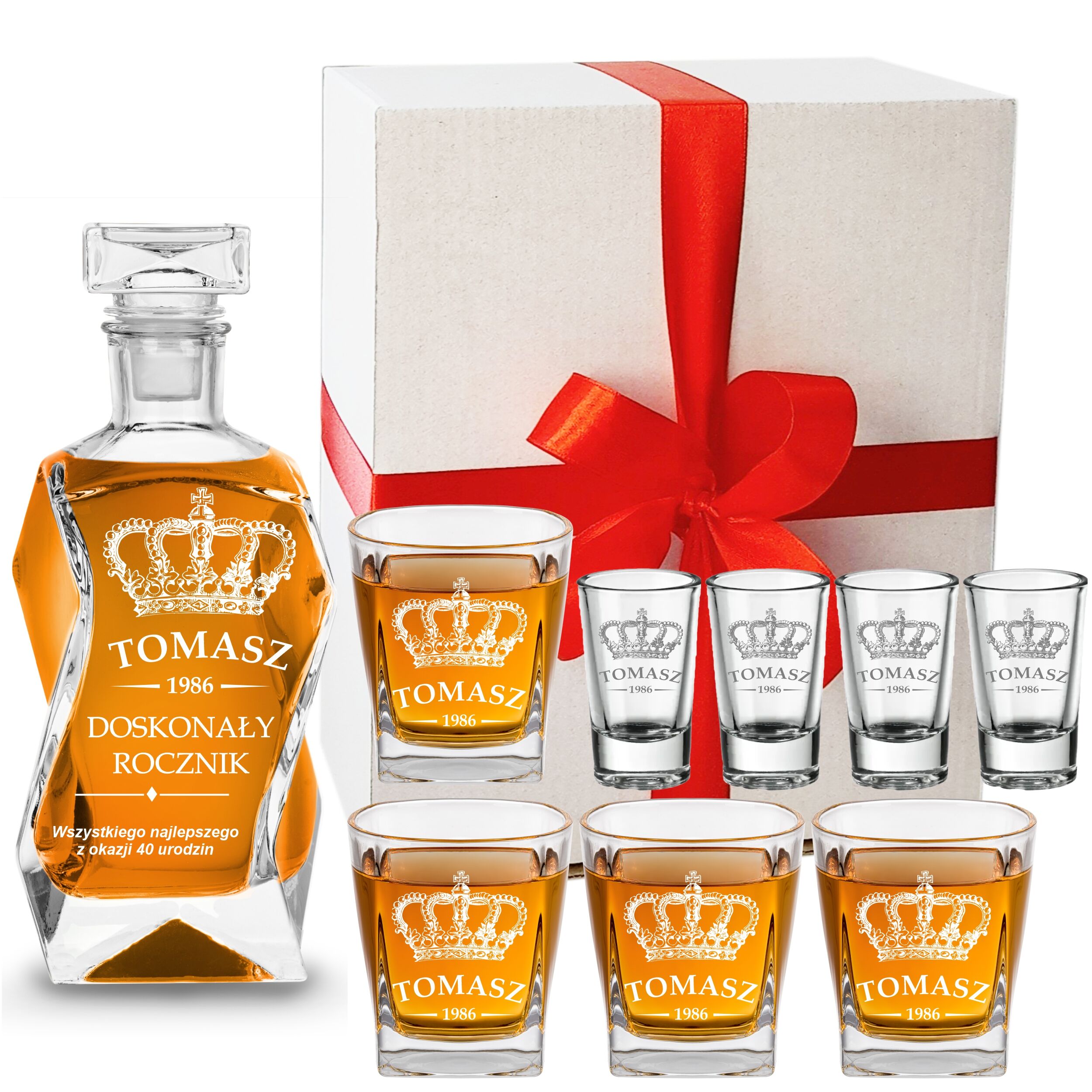 Zestawy prezentowe z grawerem, karafka i szklanki do whisky, kieliszki z grawere