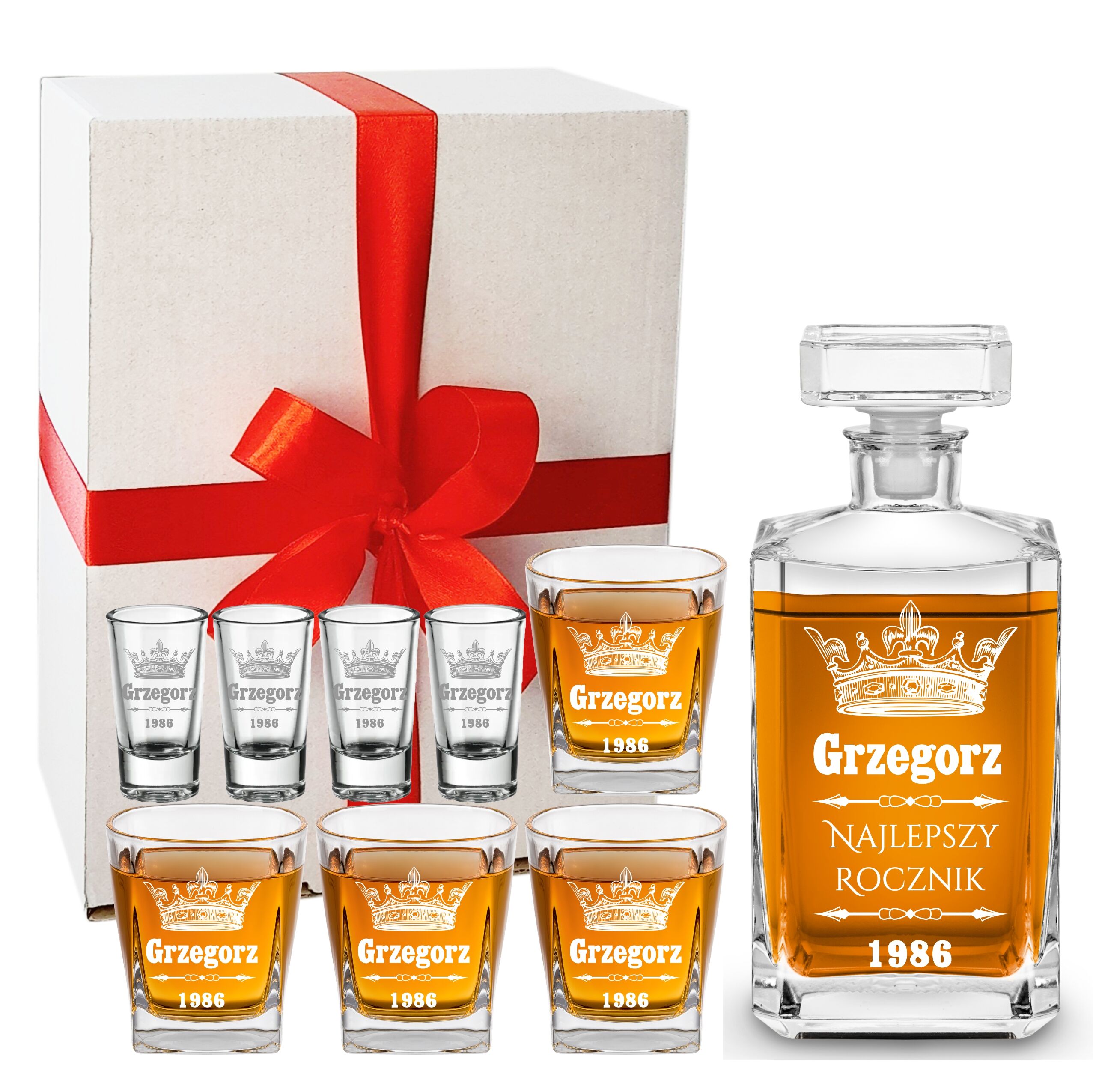 Zestawy prezentowe z grawerem, karafka i szklanki do whisky, kieliszki z grawere