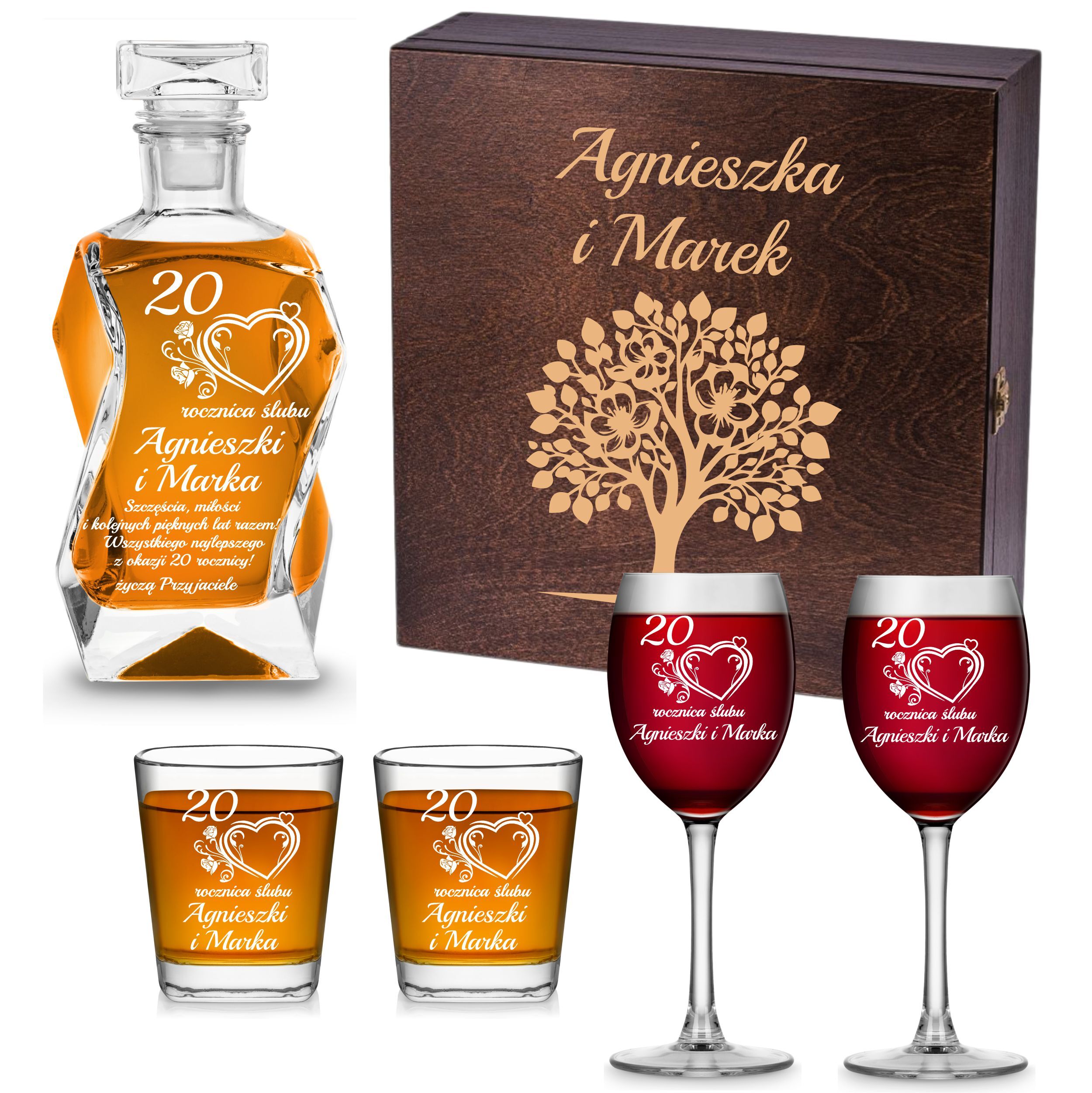 Zestawy prezentowe z grawerem, karafka i szklanki do whisky, kieliszki z grawere