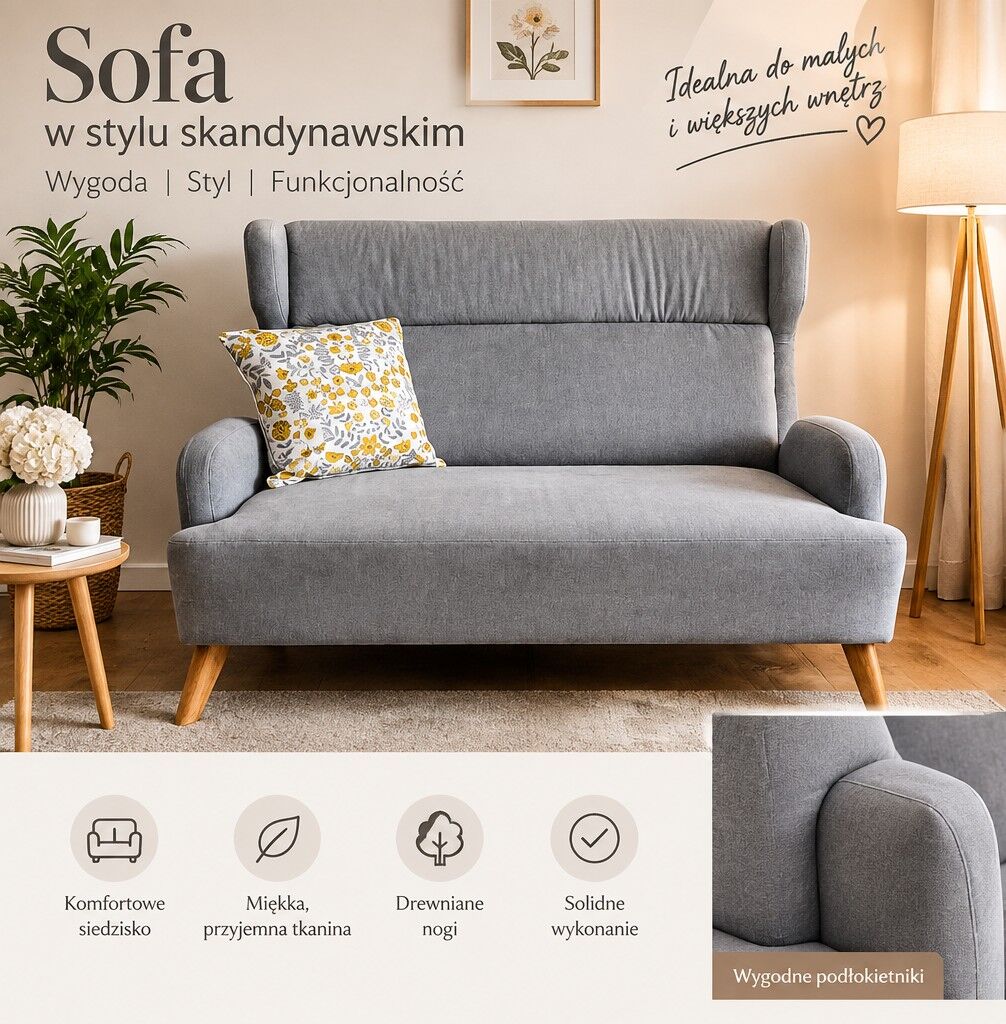 Sprzedam sofę 2-osobową do salonu , szara Wajnert
