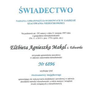 Wycena Nieruchomości Elżbieta Agnieszka Makal Rzeczoznawca Majątkowy Nr uprawnień 6896