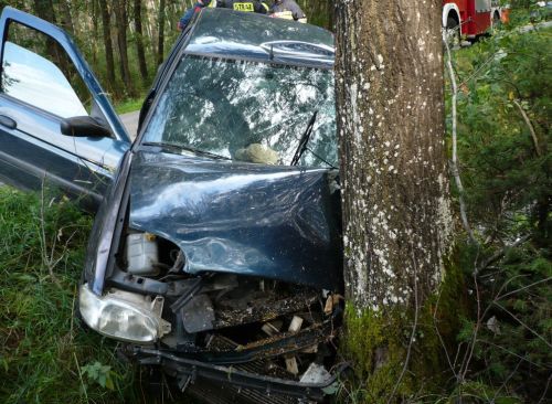 Ford uderzył w drzewo. Kierowca z obrażeniami głowy trafił do szpitala