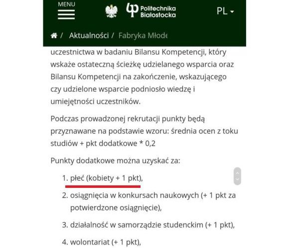 Dyskryminacja mężczyzn na Politechnice Białostockiej. Kobiety dostawały "punkt za płeć" 