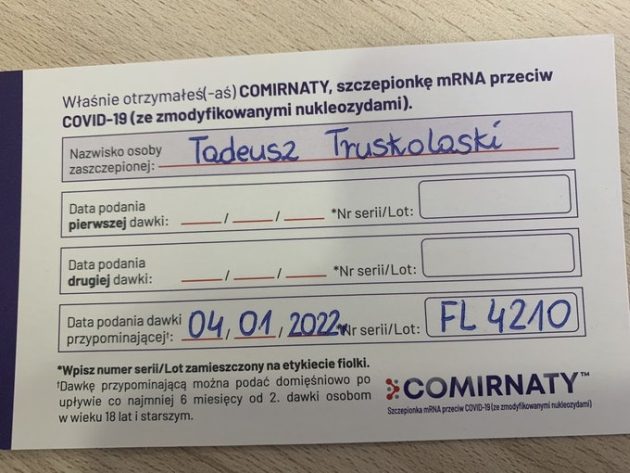 Tadeusz Truskolaski przyjął 3. dawkę szczepionki