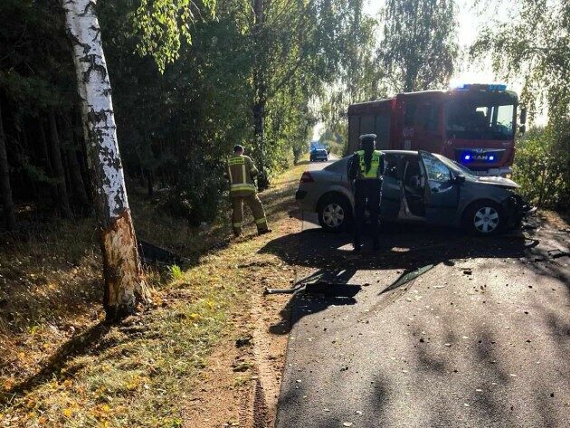 Samochód osobowy uderzył w drzewo.  Droga jest nieprzejezdna