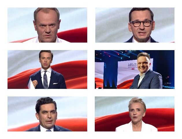 Debata TVP. Bosak i Hołownia zgodnie o przedsiębiorcach. Tusk i Morawiecki jak Flip i Flap