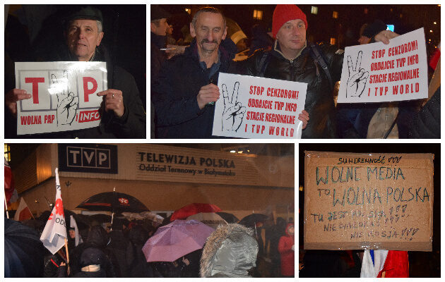 "Tusk do Berlina!", "Wolne media!". Protest przed siedzibą TVP3 Białystok [WIDEO, FOTO]