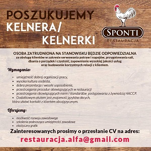 Zatrudnimy kelnera/ kelnerkę
