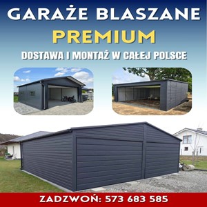 Garaż blaszany w kolorze grafit z bramą uchylną i dodatkami